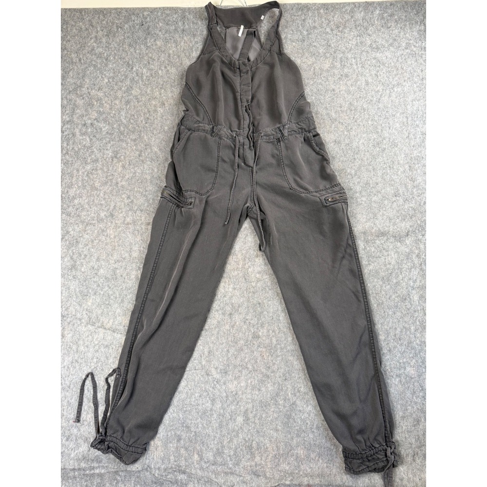 Free People Jumpsuit Womens 6 Black Utility Cargo Cotton Racerback Boho Festival
